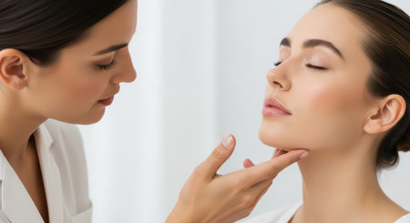 A doctor examines a patient's face, likely for a skincare or cosmetic treatment. The focus is on the woman's skin and the doctor's touch.の素材