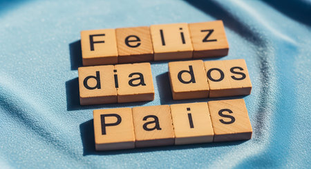 A Father's Day greeting in Portuguese, spelled out with wooden letter tiles on a blue background.の素材