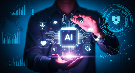 A person holding an AI-powered microchip with glowing icons and graphics, symbolizing artificial intelligence and data analysis.の素材