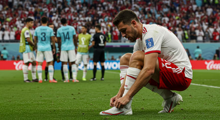 A soccer player knees on the field, focusing on tying his shoe as teammates stand in the background, ready for the game.の素材