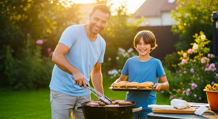 A father and son enjoy a summer barbecue in their backyard, celebrating Father's Day with burgers.の素材
