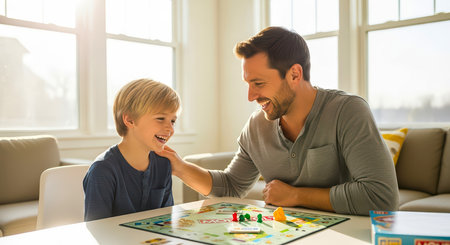 A happy father and son playing a board game together in their bright living room on Father's Day.の素材