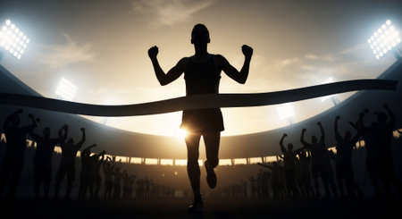 A silhouette of a triumphant runner breaking the finish line tape at a stadium, cheered on by a crowd during sunset.の素材