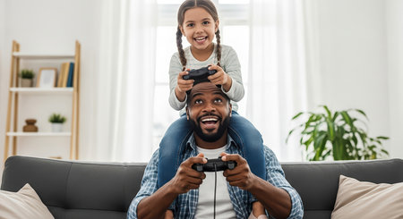 A happy dad and daughter play video games together, celebrating Father's Day. The girl sits on her father's shoulders, both smiling.の素材
