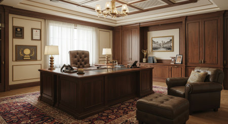 An opulent office space is depicted, featuring a large wooden desk, leather armchair, and a vintage chandelier, exuding luxury and sophistication.の素材