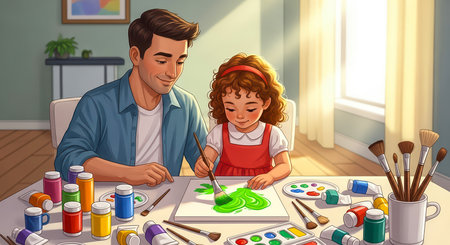 A heartwarming Father's Day scene of a father and daughter painting together, creating art, and sharing a special moment.の素材