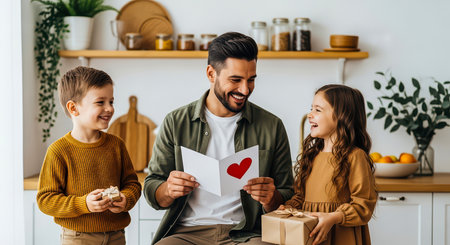 A heartwarming scene of a father receiving gifts and a handmade card with a heart from his children on Father's Day.の素材