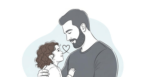 Illustration of a father and daughter sharing a loving moment on Father's Day, with a heart symbol between them.の素材