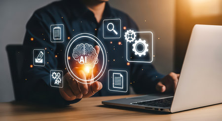 A person interacts with AI technology on a laptop, represented by digital icons and a glowing interface. Focus is on the brain AI icon.の素材