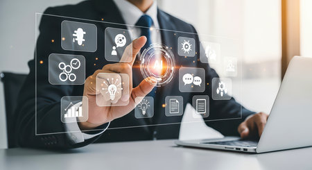 A businessman interacts with an AI interface on a digital screen, representing innovation and technological advancements in the workplace.の素材