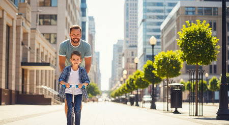 A father helps his son ride a scooter in a city on Father's Day. They are smiling and enjoying quality time together.の素材