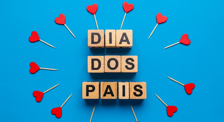 A top-down shot features 'Father's Day' spelled out with wooden blocks, surrounded by heart-shaped decor on a blue backdrop.の素材