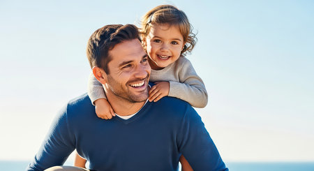 A smiling father gives his daughter a piggyback ride on Father's Day. They are enjoying the sunshine.の素材
