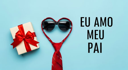 A heartwarming Father's Day image with a tie and sunglasses forming a heart, a gift box, and Portuguese text.の素材