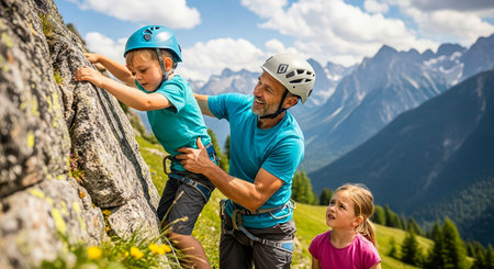 A father helps his son climb a rock face, with his daughter watching. Beautiful mountain scenery.の素材