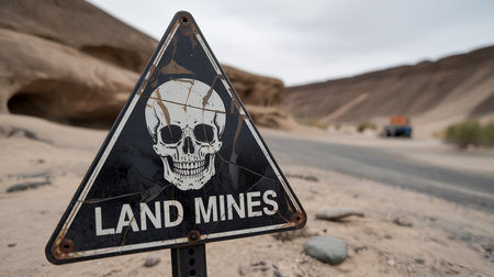 A weathered land mine warning sign with a skull in a desert landscape, danger ahead.の素材