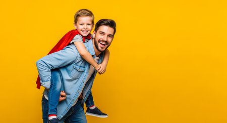 A joyful father gives his son a piggyback ride against a bright yellow background, celebrating Father's Day with a superhero theme.の素材