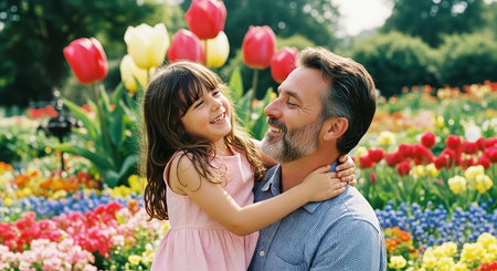A heartwarming moment: a father and daughter share a joyful embrace in a vibrant flower garden on a sunny day.の素材