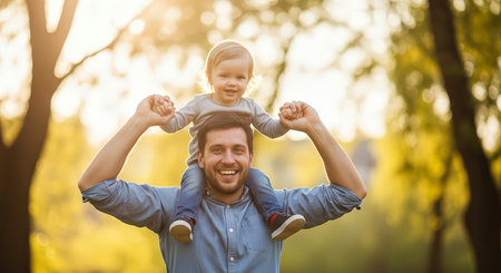 A happy father carries his child on his shoulders in a park on a sunny day, celebrating Father's Day.の素材