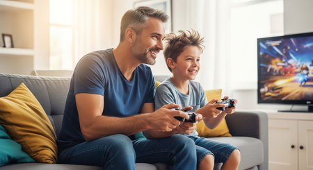 A father and son share a fun moment playing video games together on Father's Day.の素材