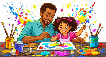 A heartwarming image of a father and daughter painting together, celebrating Father's Day with colorful art and joy.の素材