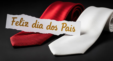 A festive Father's Day image features elegant ties, with a greeting in Portuguese, perfect for celebrating dads.の素材