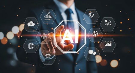 A business person interacts with AI interface. Modern technology and artificial intelligence concept with business icons. Digital transformation.の素材