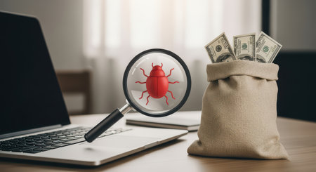 A laptop with a magnifying glass revealing a computer bug, with a bag of money, symbolizing financial or computer security.の素材