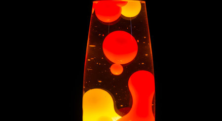 A vibrant lava lamp glows with orange and yellow lava against a black background, creating a warm and retro atmosphere.の素材