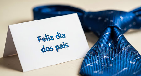 A Father's Day card in Portuguese with a blue tie in the background, a heartwarming expression of love for dads.の素材
