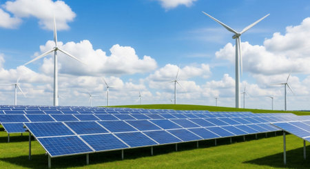 A beautiful landscape showcasing renewable energy sources, including solar panels and wind turbines, under a vibrant blue sky.の素材