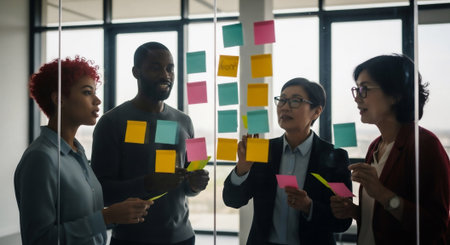 Diverse team collaborates, brainstorming with sticky notes on a glass wall. They look engaged and focused in a modern office setting.の素材