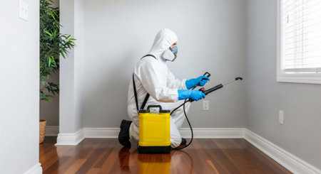 A pest control technician knees while spraying insecticide inside a home. Safety is ensured with protective gear.の素材