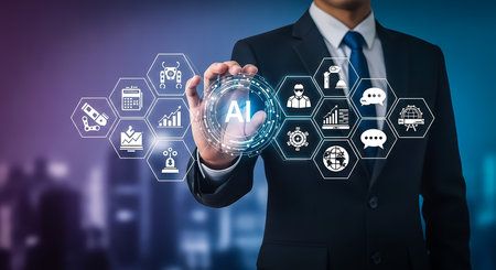 A businessman in a suit interacting with an AI interface showcasing various technological and industrial icons, set against a blurred cityscape.の素材