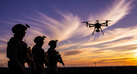 Silhouette of soldiers observing a drone flying in a sunset sky. The dramatic lighting creates a sense of anticipation and surveillance.の素材