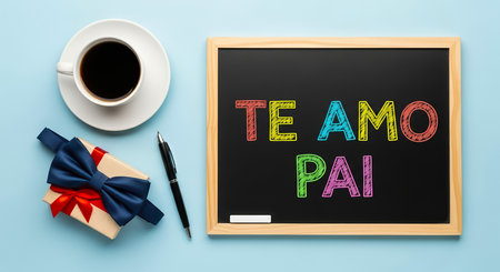 A Father's Day still life featuring a chalkboard message 'Te amo Pai' (I love you Dad) with a gift, coffee, and pen.の素材
