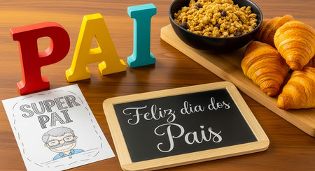 A charming Father's Day still life with a chalkboard message, breakfast, and decorative letters on a wooden surface.の素材