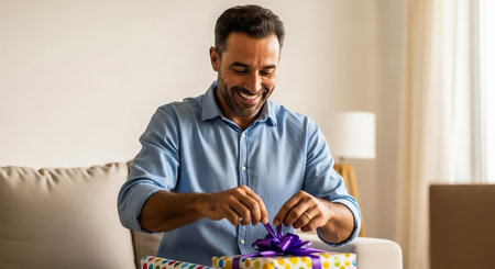 A happy father unwrapping a present, likely for Father's Day, at home.の素材