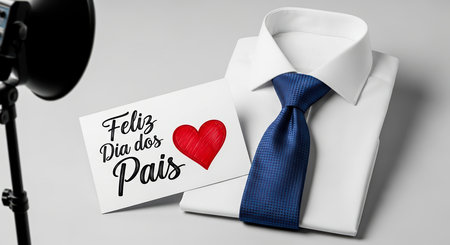 A Father's Day greeting card, heart, tie, and shirt create a thoughtful composition for a special day.の素材