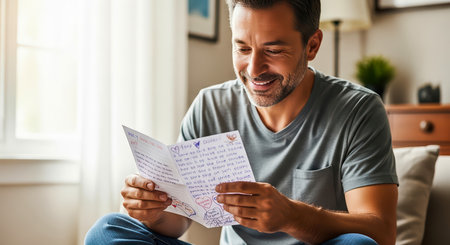 A smiling man reads a heartfelt Father's Day card, filled with love and appreciation, in a cozy indoor setting. Expressing joy and gratitude.の素材