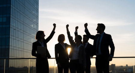 A diverse business team celebrates success on a rooftop, silhouetted against a beautiful sunset.の素材