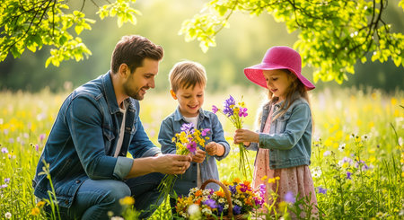 A father and his children gathering flowers in a sunny meadow, celebrating Father's Day with joy and smiles.の素材
