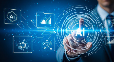 A person's hand touches an interactive screen with AI and data icons, representing artificial intelligence, machine learning, and data analysis.の素材