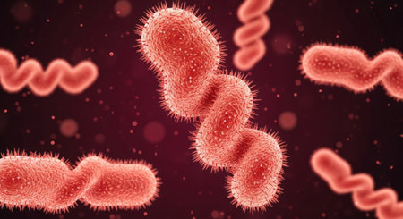 A 3D rendering of Leptospira bacteria, the causative agent of leptospirosis, a zoonotic disease transmitted to humans through contaminated water or soil.の素材
