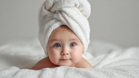 A cute baby with a white towel wrapped around her head lies on a soft white bed, looking directly at the camera with big, innocent eyes.の素材