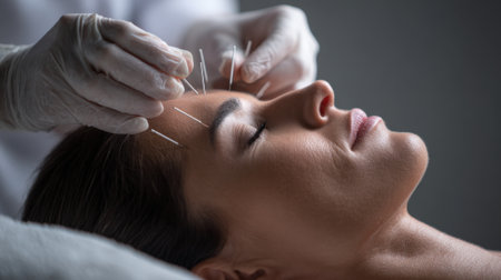 Acupuncture needles being inserted into a woman's forehead by a practitioner wearing gloves, promoting relaxation and holistic health through traditional Chinese medicine.の素材