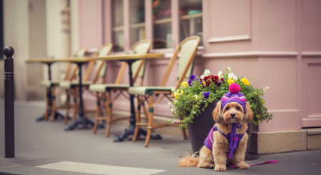 A cute dog wearing a purple hat and vest sits patiently outside a charming cafe in Paris, France, surrounded by flowers.の素材