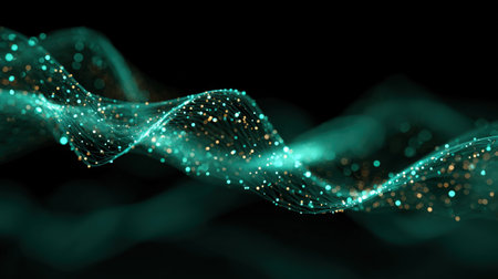 A mesmerizing abstract image showcasing a teal data stream adorned with glowing particles, set against a dark background, creating a futuristic and dynamic look.の素材