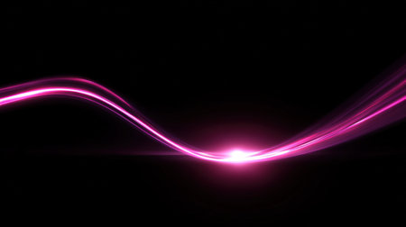 A vibrant pink light trail curves across a black background, creating a sense of movement and energy. The light is bright and eye-catching.の素材