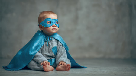 A cute baby dressed as a superhero, wearing a blue mask and cape, sitting on the floor against a gray background. The baby looks up with a curious expression.の素材